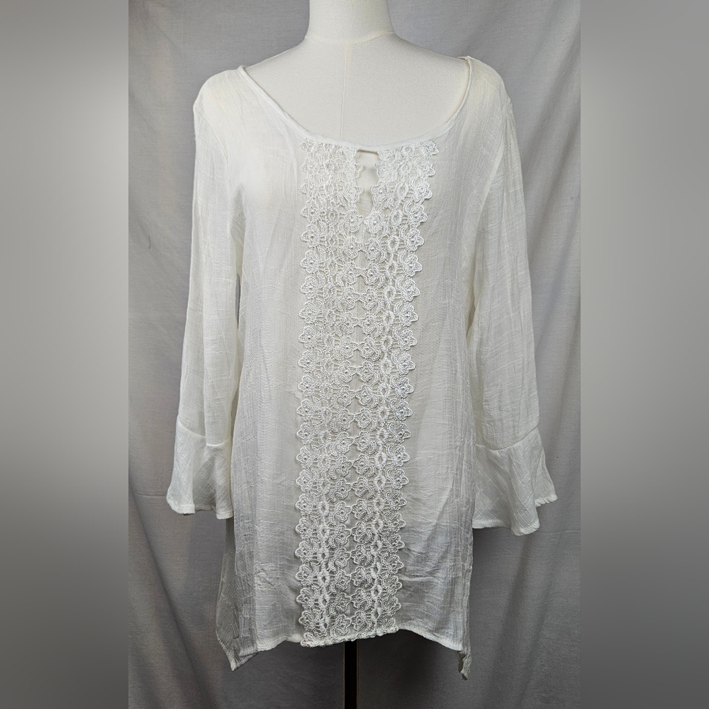 Cal Style‎ Women's Ivory Chiffon Tunic Top Sz L Boho Beach Coverup